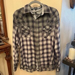 ROAR Men Gray Plaid Embroidery White Snap Button Long Sleeve Shirt Size Large